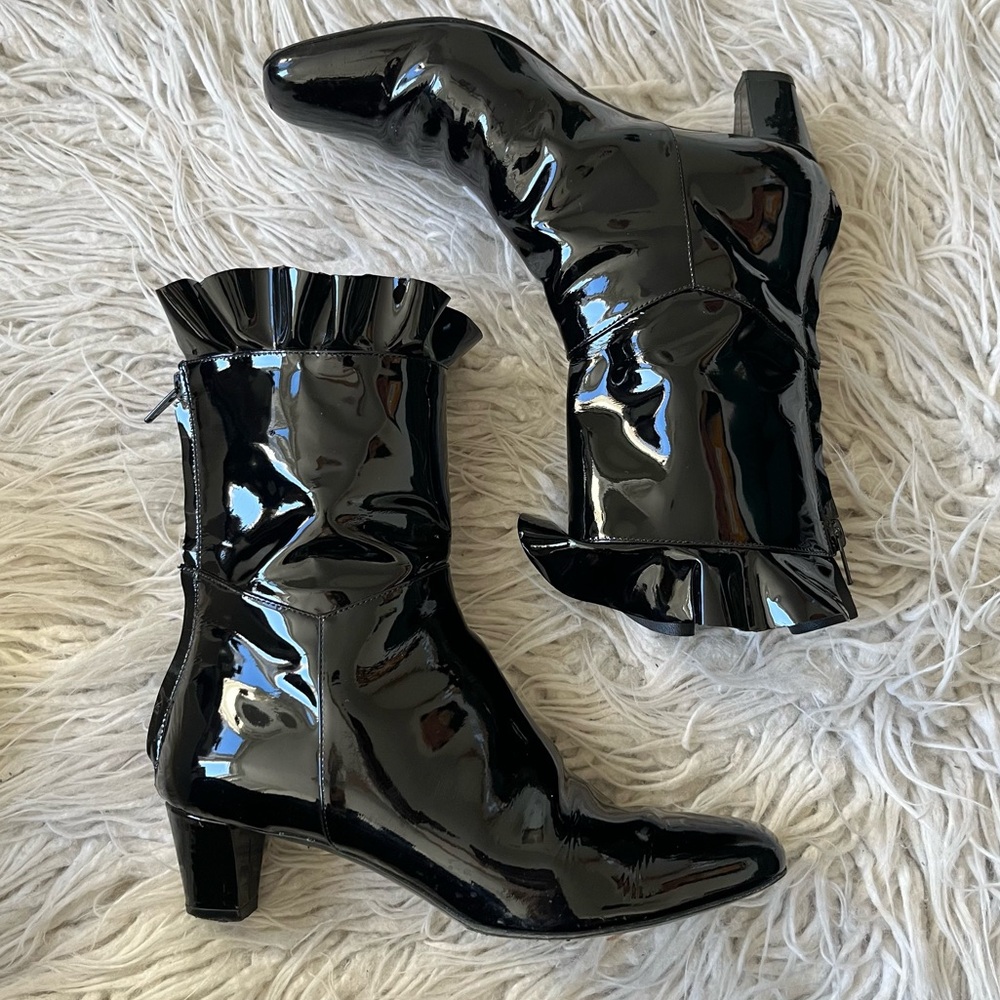 Philosophy Di Lorenzo Serafino Ruffle Black Patent Leather Heel Bootie Size 37